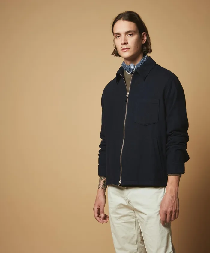 Men Hartford Jackets and Outerwear Navy Flannel Zip Jacket