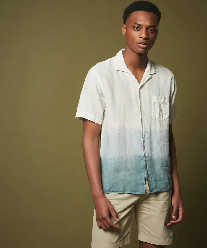 Men Hartford Shirts Celadon Tie and Dye Linen Palm Regular Shirt