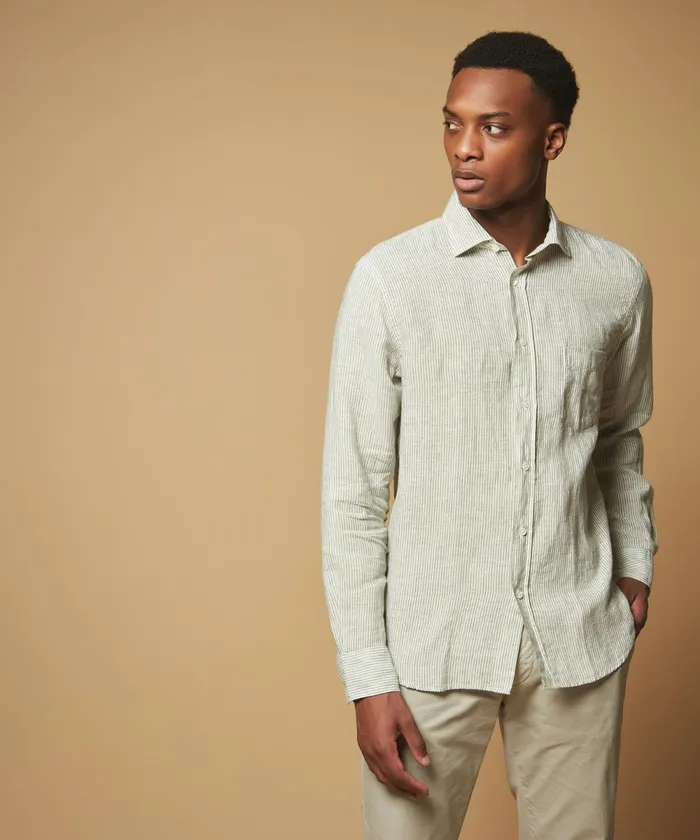 Men Hartford Shirts Classic Regular Paul Shirt In Army Linen FilAFil