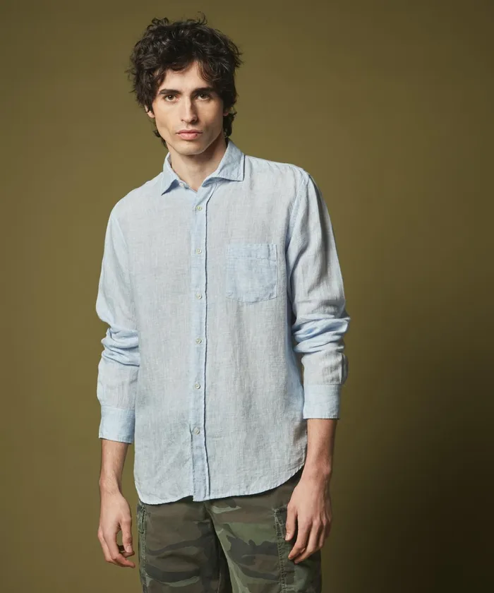 Men Hartford Shirts Classic Regular Paul Shirt In Blue Linen FilAFil