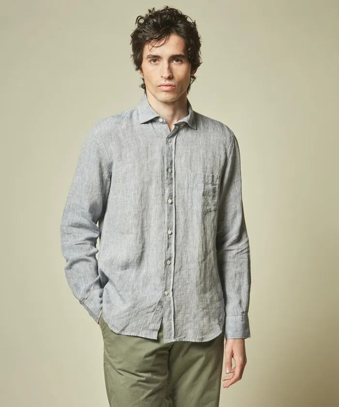 Men Hartford Shirts Regular Paul Shirt In Blue Linen Chambray
