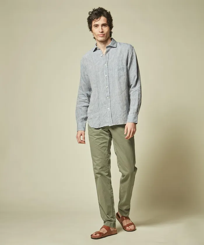 Men Hartford Shirts Regular Paul Shirt In Blue Linen Chambray
