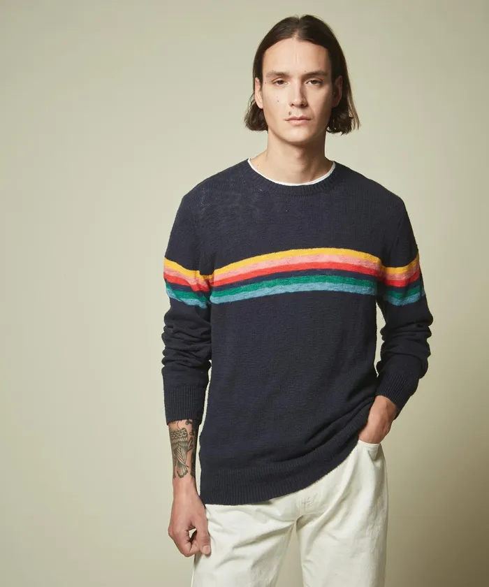 Men Hartford Sweaters Navy Striped Slub Cotton Sweater