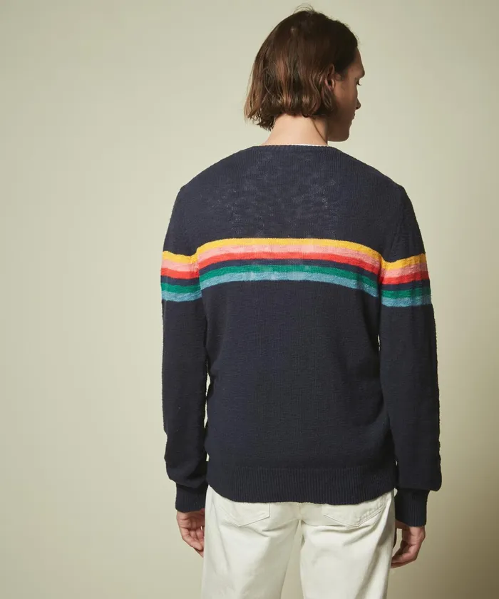 Men Hartford Sweaters Navy Striped Slub Cotton Sweater