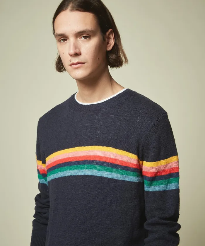 Men Hartford Sweaters Navy Striped Slub Cotton Sweater
