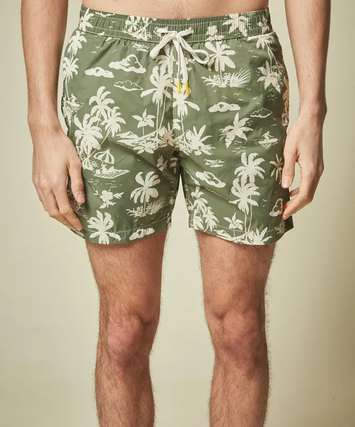 Men Hartford Swimwear Army Green Surf Print Swim Shorts