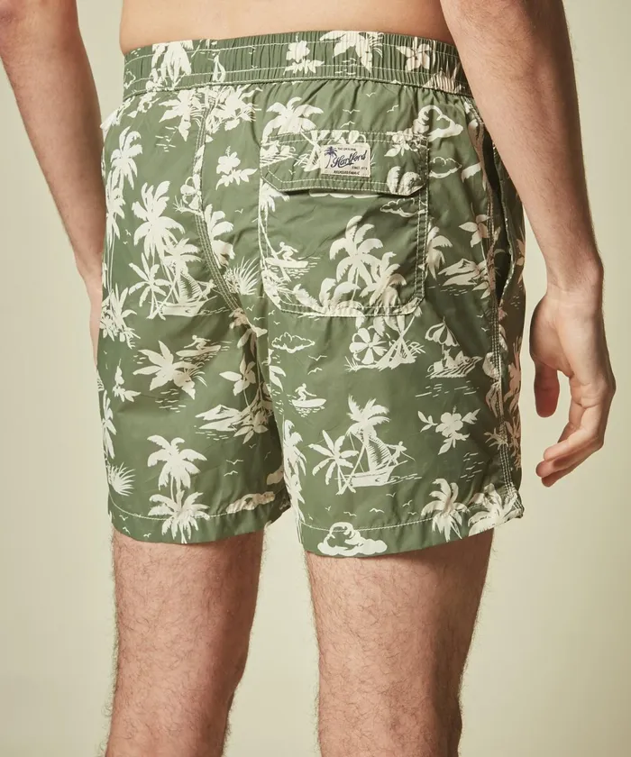 Men Hartford Swimwear Army Green Surf Print Swim Shorts