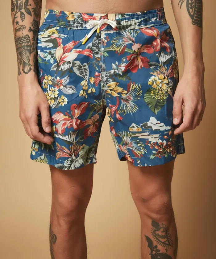 Men Hartford Swimwear Blue Hawaii Print Swim Shorts