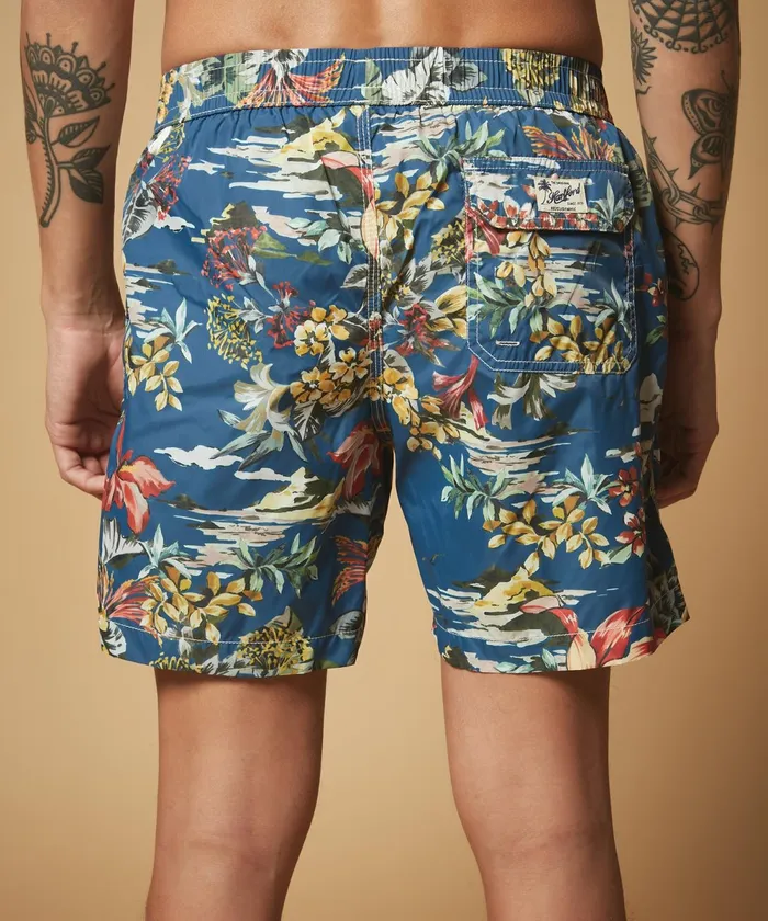 Men Hartford Swimwear Blue Hawaii Print Swim Shorts