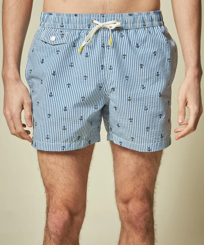 Men Hartford Swimwear Blue Seersucker Boxer Swim Shorts