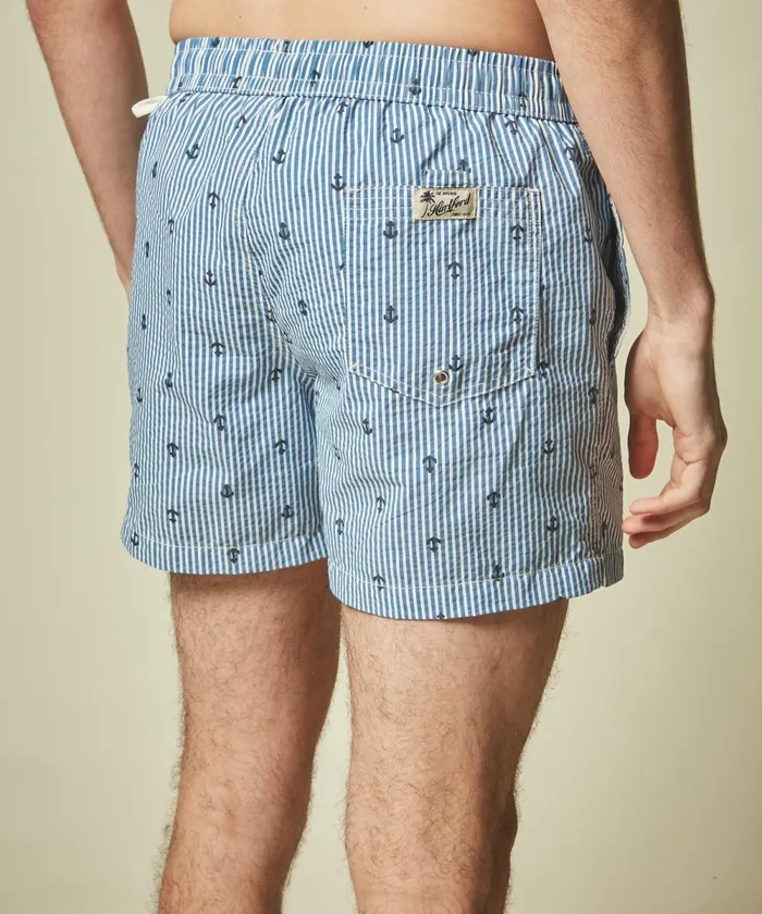 Men Hartford Swimwear Blue Seersucker Boxer Swim Shorts