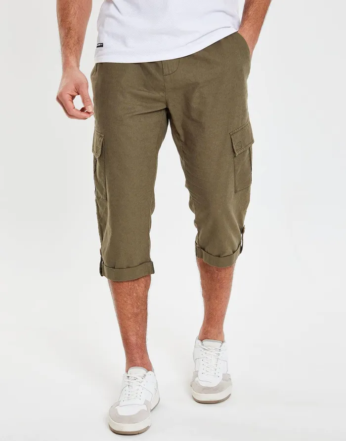 Men Khaki 34 Length Linen Blend Cargo Trousers Khaki Threadbare Trousers and Cargos
