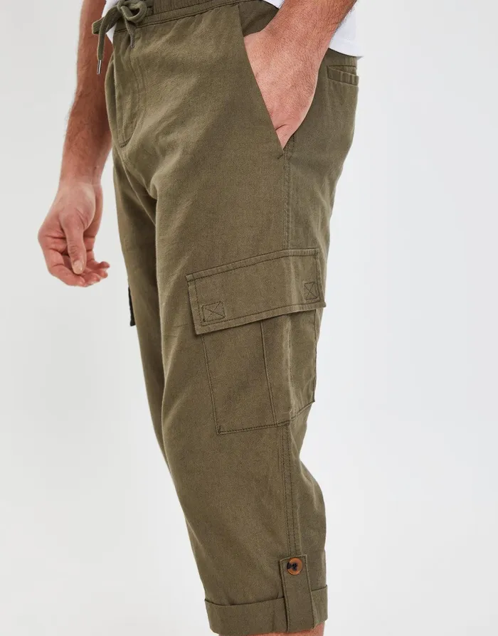 Men Khaki 34 Length Linen Blend Cargo Trousers Khaki Threadbare Trousers and Cargos Men Khaki 34 Length Linen Blend Cargo Trousers Khaki Threadbare Trousers and Cargos