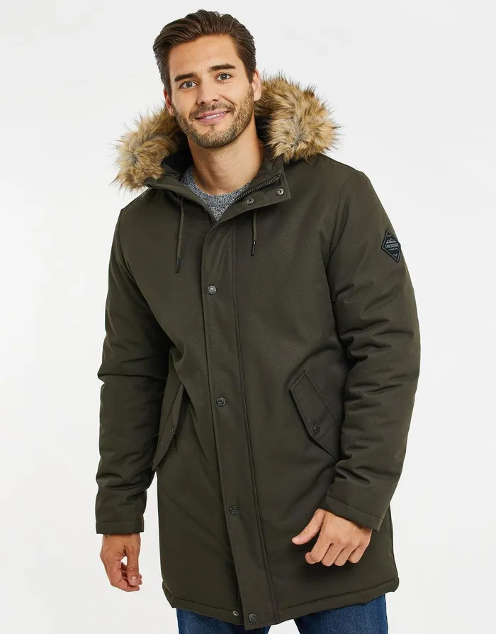 Men Khaki Borg Lined Parka Jacket Khaki Threadbare Jacket and Coats