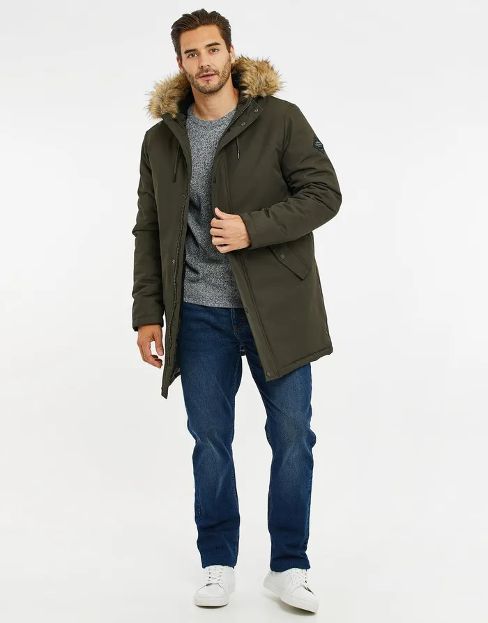 Men Khaki Borg Lined Parka Jacket Khaki Threadbare Jacket and Coats
