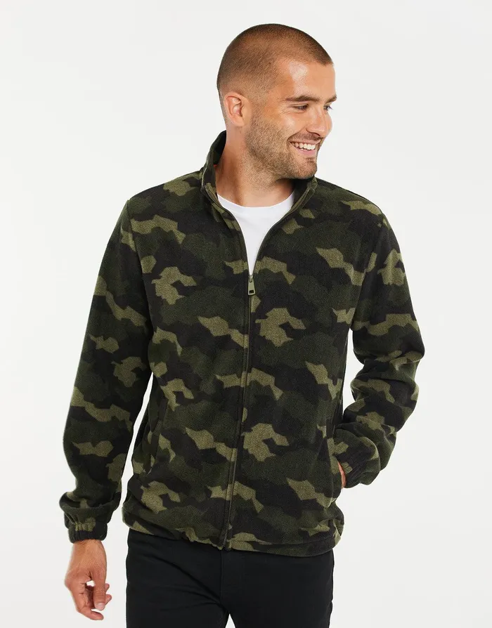 Men Khaki Camo ZipThrough Borg Fleece Khaki Camo Threadbare Sweatshirts