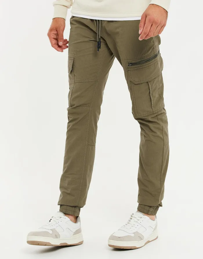 Men Khaki Cargo Trousers Khaki Threadbare Trousers and Cargos