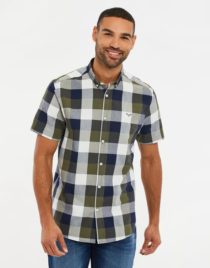 Men Khaki Check Short Sleeve Shirt Khaki Threadbare Shirts