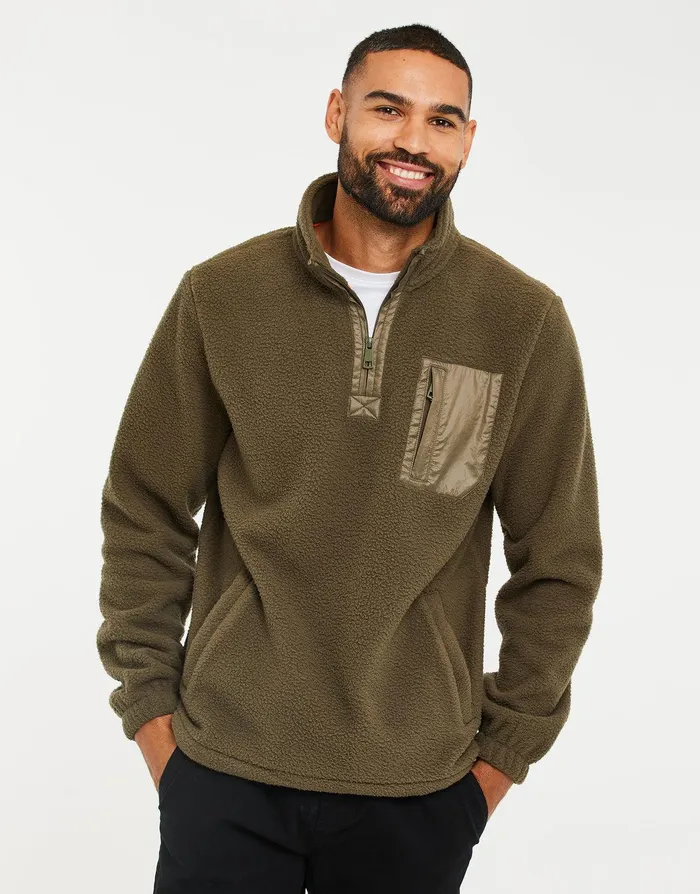 Men Khaki Faux Borg Quarter Zip Fleece Khaki Threadbare Sweatshirts