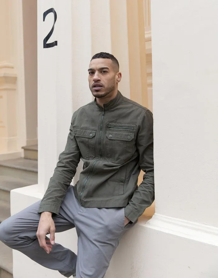Men Khaki Funnel Neck Utility Shacket Khaki Threadbare Jacket and Coats