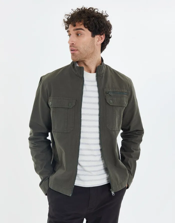 Men Khaki Funnel Neck Utility Shacket Khaki Threadbare Jacket and Coats Men Khaki Funnel Neck Utility Shacket Khaki Threadbare Jacket and Coats