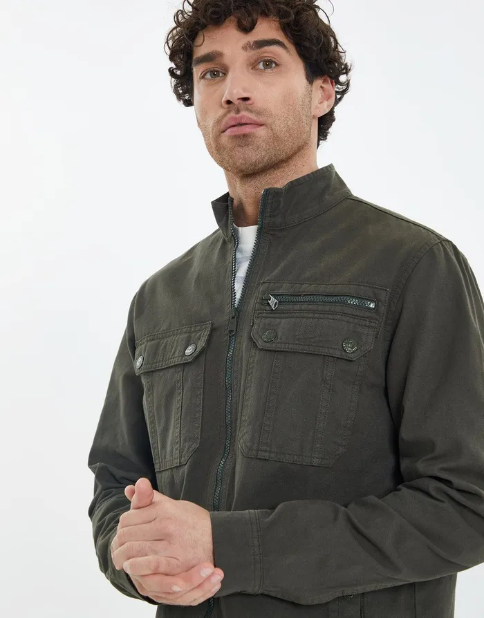 Men Khaki Funnel Neck Utility Shacket Khaki Threadbare Jacket and Coats Men Khaki Funnel Neck Utility Shacket Khaki Threadbare Jacket and Coats