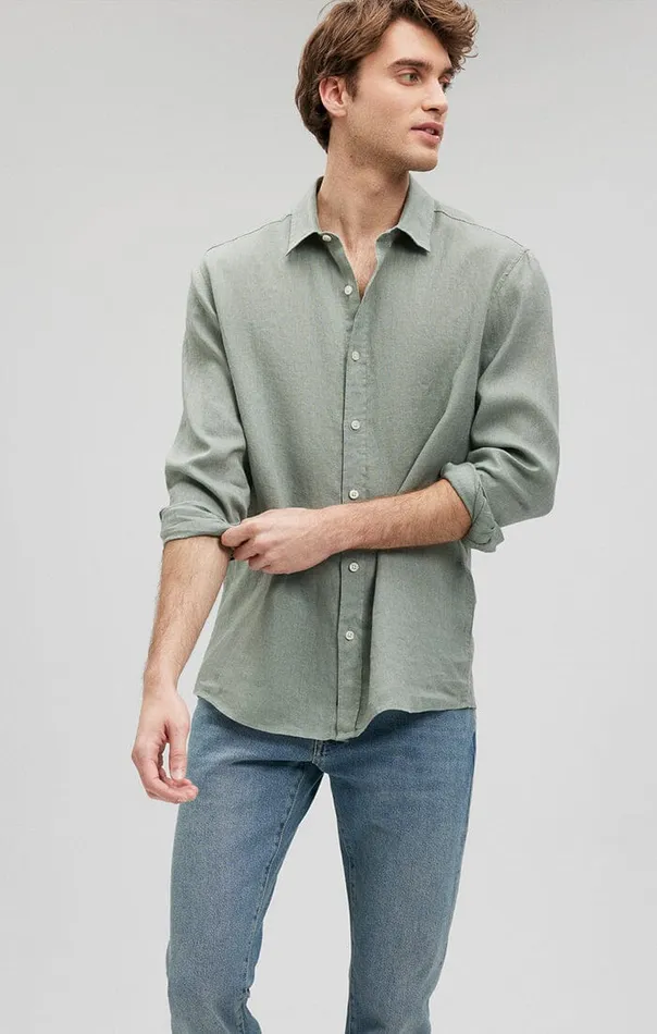 Men Linen ButtonUp Shirt In Chinois Green Mavi Jeans TShirts