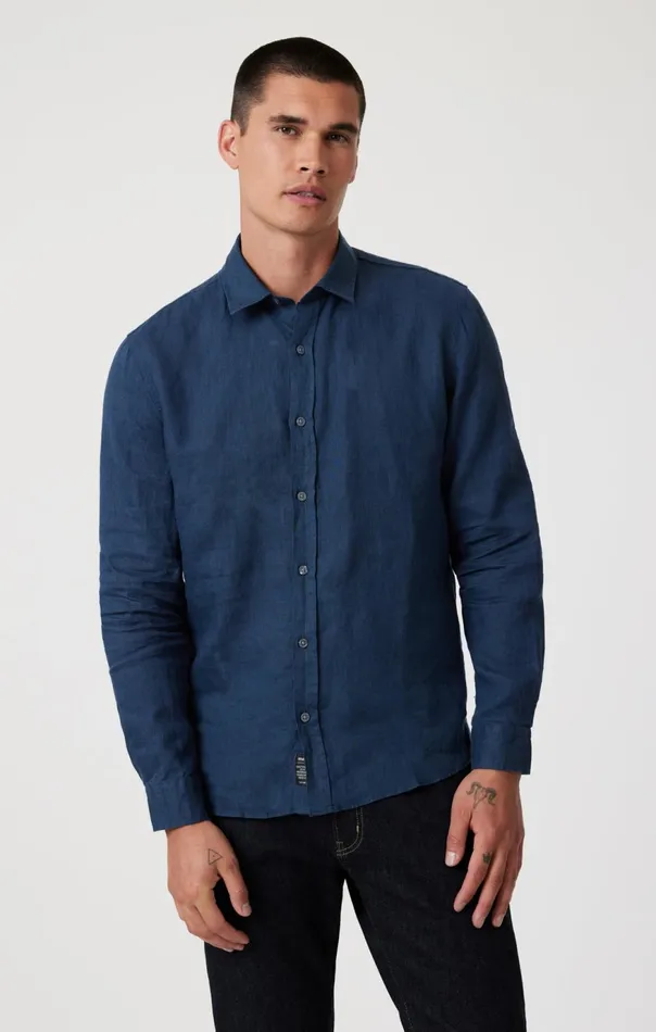 Men Linen ButtonUp Shirt In Moonlit Ocean Mavi Jeans Shirts