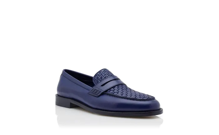 Men Loafers Manolo Blahnik PERRY Navy Blue Calf Leather Penny Loafers
