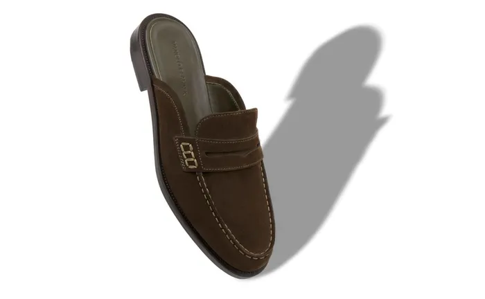 Men Loafers Manolo Blahnik PERRYMU Dark Khaki Suede Backless Penny Loafers Men Loafers Manolo Blahnik PERRYMU Dark Khaki Suede Backless Penny Loafers