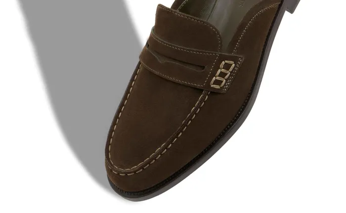 Men Loafers Manolo Blahnik PERRYMU Dark Khaki Suede Backless Penny Loafers Men Loafers Manolo Blahnik PERRYMU Dark Khaki Suede Backless Penny Loafers