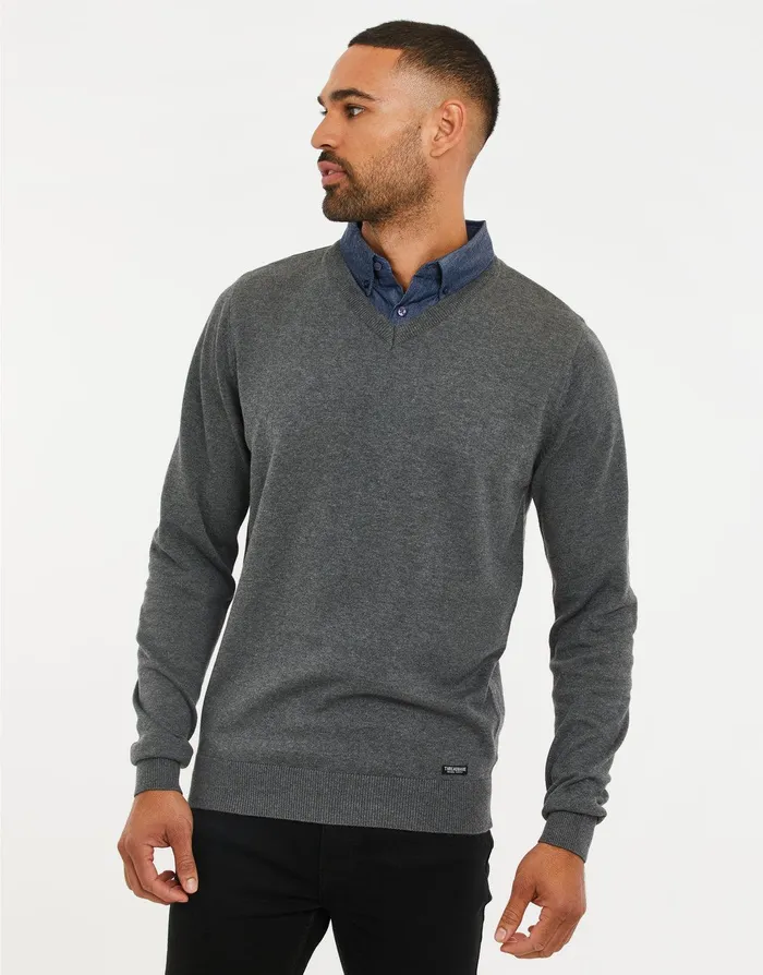 Men Mid Grey Marl VNeck Mock Shirt Jumper Mid Grey Marl Threadbare Knitwear