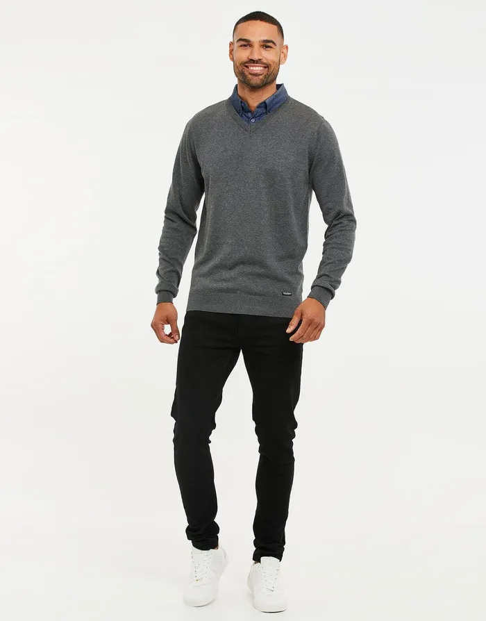 Men Mid Grey Marl VNeck Mock Shirt Jumper Mid Grey Marl Threadbare Knitwear Men Mid Grey Marl VNeck Mock Shirt Jumper Mid Grey Marl Threadbare Knitwear