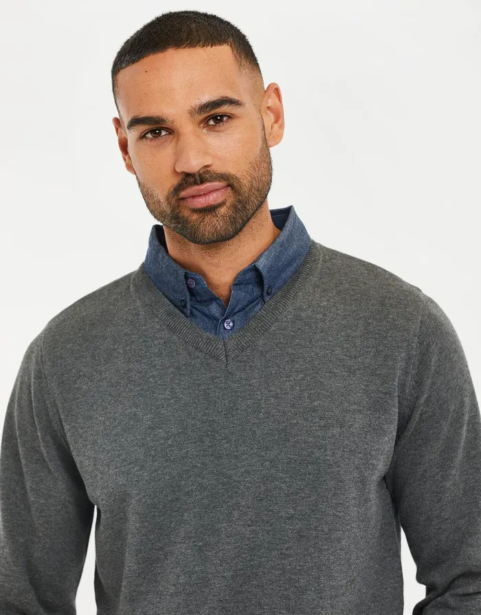 Men Mid Grey Marl VNeck Mock Shirt Jumper Mid Grey Marl Threadbare Knitwear Men Mid Grey Marl VNeck Mock Shirt Jumper Mid Grey Marl Threadbare Knitwear