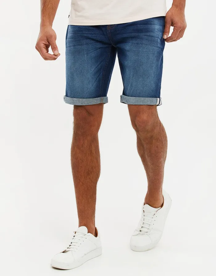 Men Mid Wash Blue Denim Shorts Mid Wash Threadbare Shorts