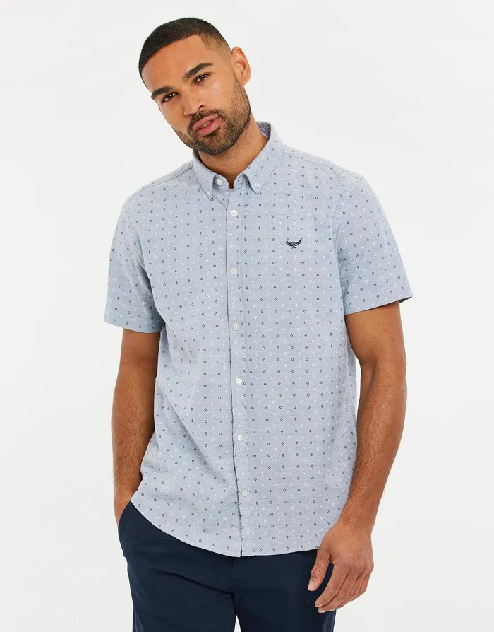Men Misty Blue Geo Print Short Sleeve Shirt Misty Blue Threadbare Shirts