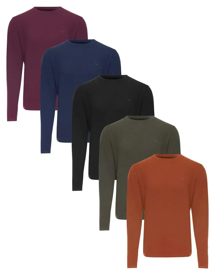 Men Multi Long Sleeve TShirts 5 Pack BlackNavyKhakiBugundyGinger Threadbare TShirts