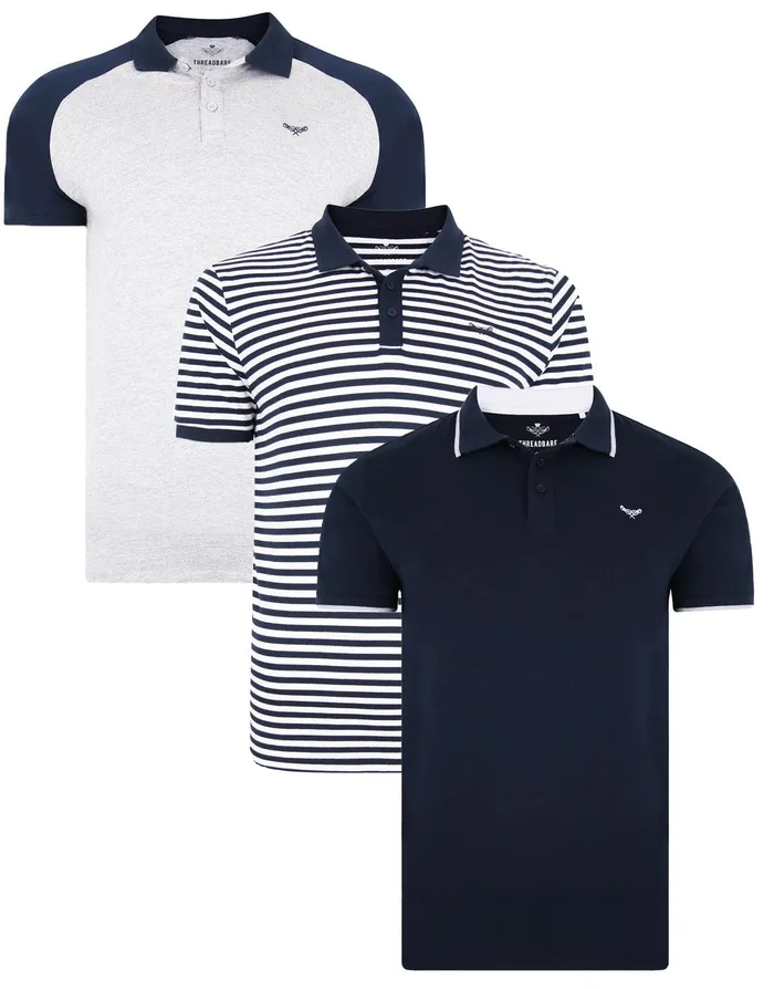 Men Navy and White Polo Shirts 3 Pack NavyGrey Marl Threadbare Polo Shirts