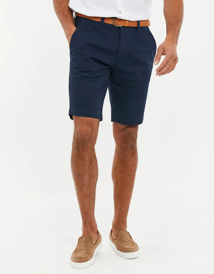 Men Navy Belted Chino Shorts Navy Threadbare Shorts