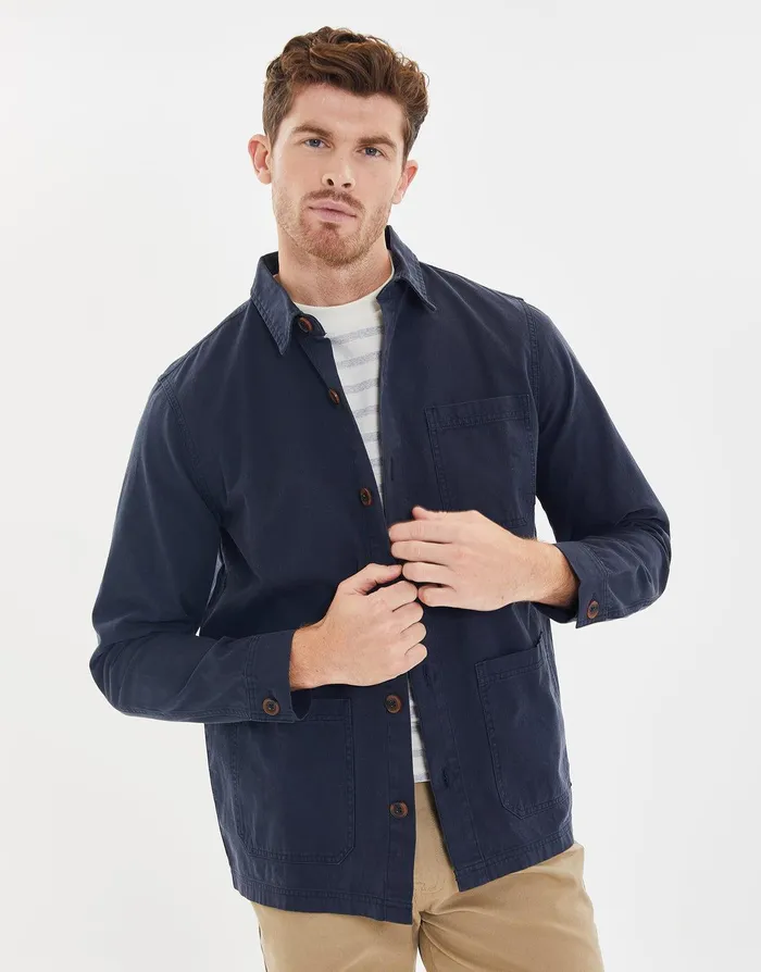Men Navy Button Down Cotton Shacket Navy Threadbare Jacket and Coats