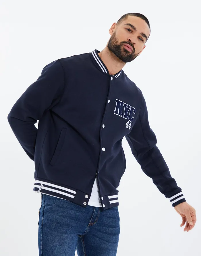 Men Navy Fleece Baseball Varsity Jacket Navy Threadbare Jacket and Coats
