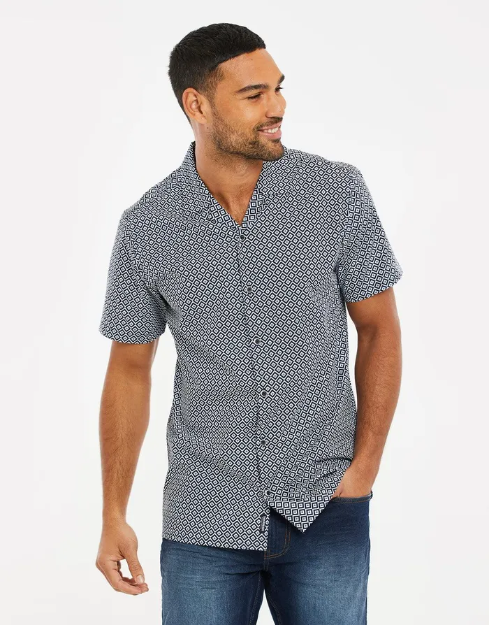 Men Navy Geo Print Short Sleeve Shirt Navy Threadbare Shirts