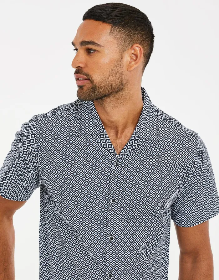 Men Navy Geo Print Short Sleeve Shirt Navy Threadbare Shirts Men Navy Geo Print Short Sleeve Shirt Navy Threadbare Shirts