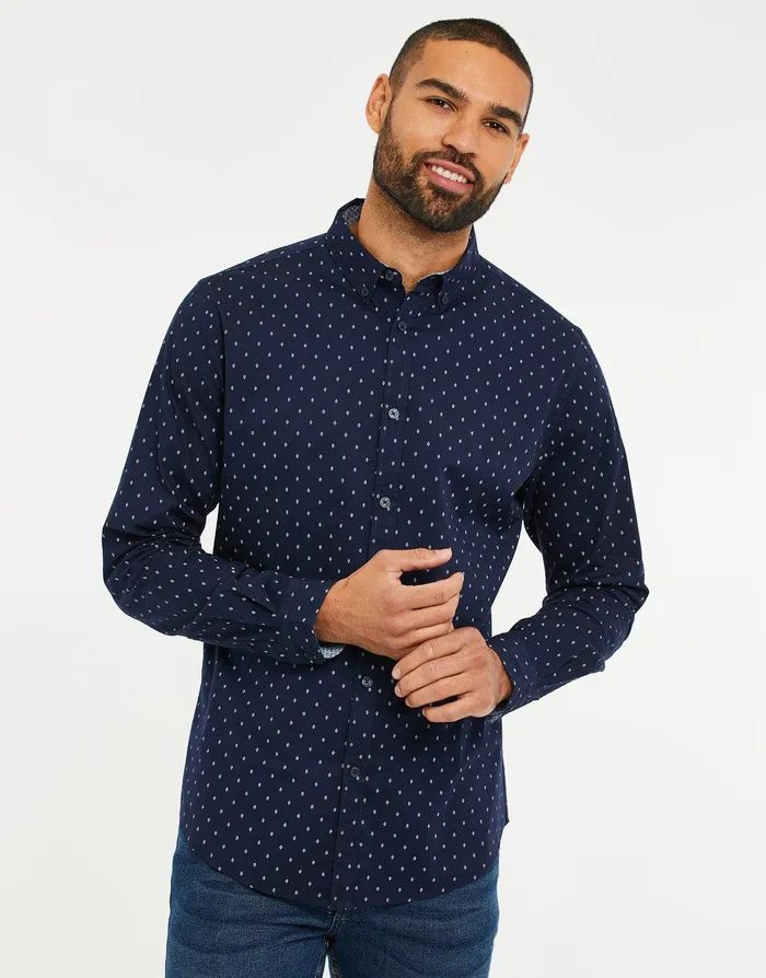 Men Navy Geometric Print Long Sleeve Shirt Navy Threadbare Shirts