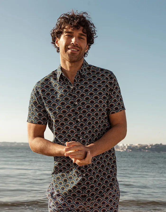 Men Navy Geometric Print Short Sleeve Shirt Navy Threadbare Shirts