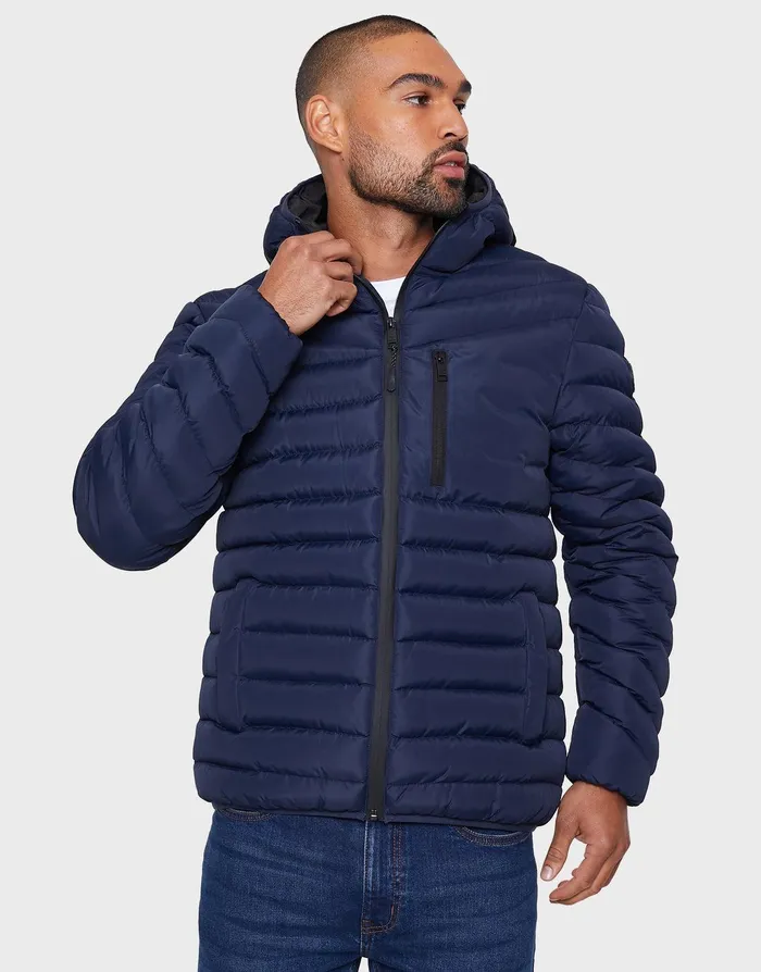 Men Navy Hooded Puffer Jacket Navy Threadbare Jacket and Coats