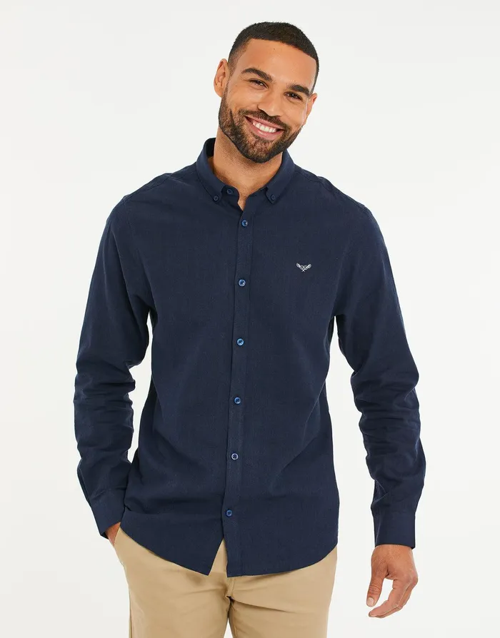 Men Navy Long Sleeve Linen Blend Shirt Navy Threadbare Linen