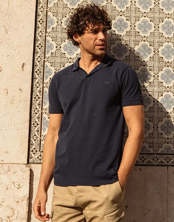 Men Navy Open Neck Collar Polo Shirt Navy Threadbare Polo Shirts