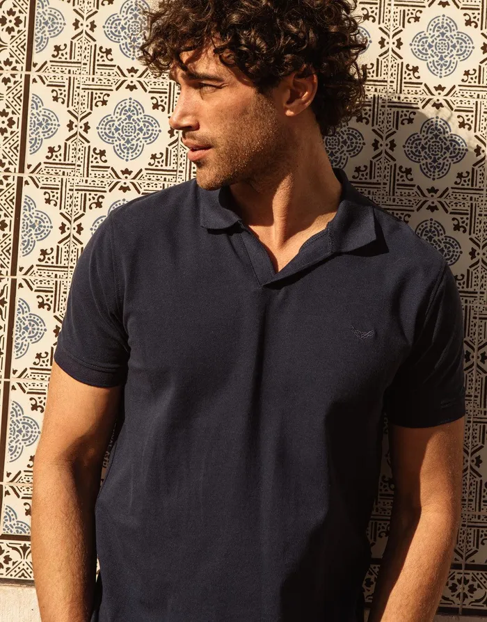 Men Navy Open Neck Collar Polo Shirt Navy Threadbare Polo Shirts