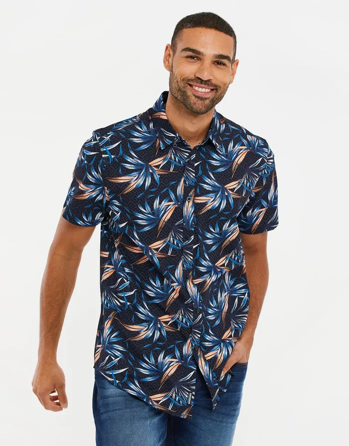 Men Navy Palm Print Short Sleeve Shirt Navy Threadbare Shirts